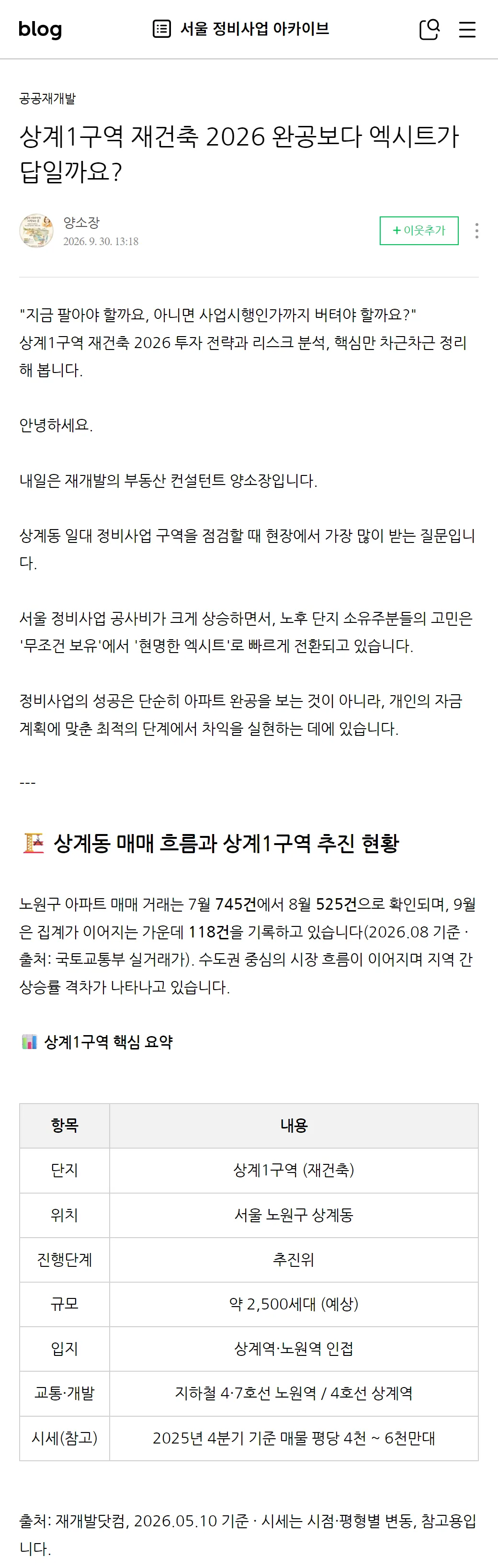 네이버 블로그 포스팅 앞부분. 분류, 제목, 작성자, 발행일, 인사말, 핵심 요약 표 일곱 줄, 표 아래 출처와 기준일 표기