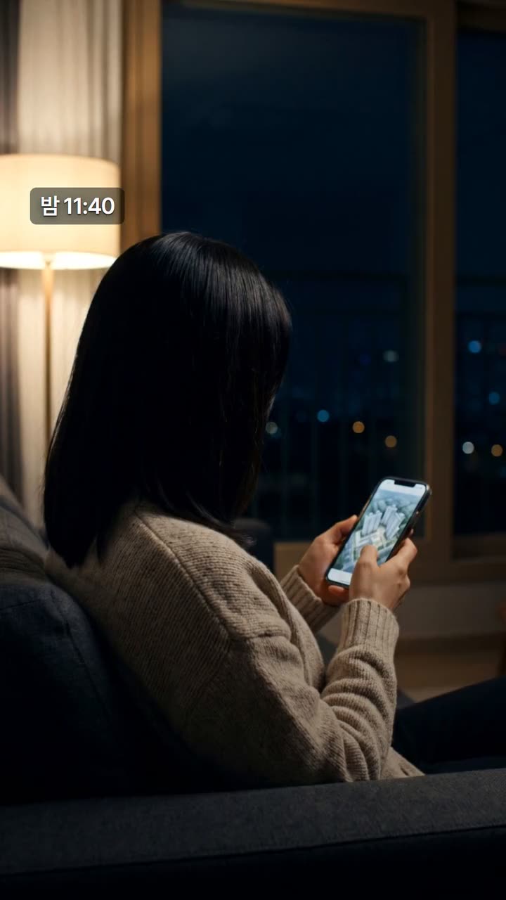 시연 영상 포스터. 밤 11시 40분, 소파에서 휴대폰으로 아파트 단지를 보는 뒷모습